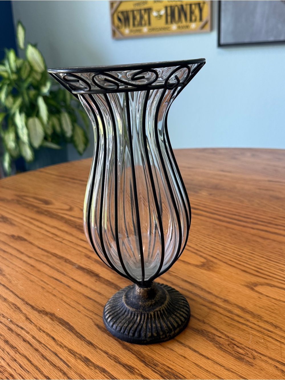 Vintage Designed Hand Blown Glass Vase Caged in Wrought Iron Large 10.5”